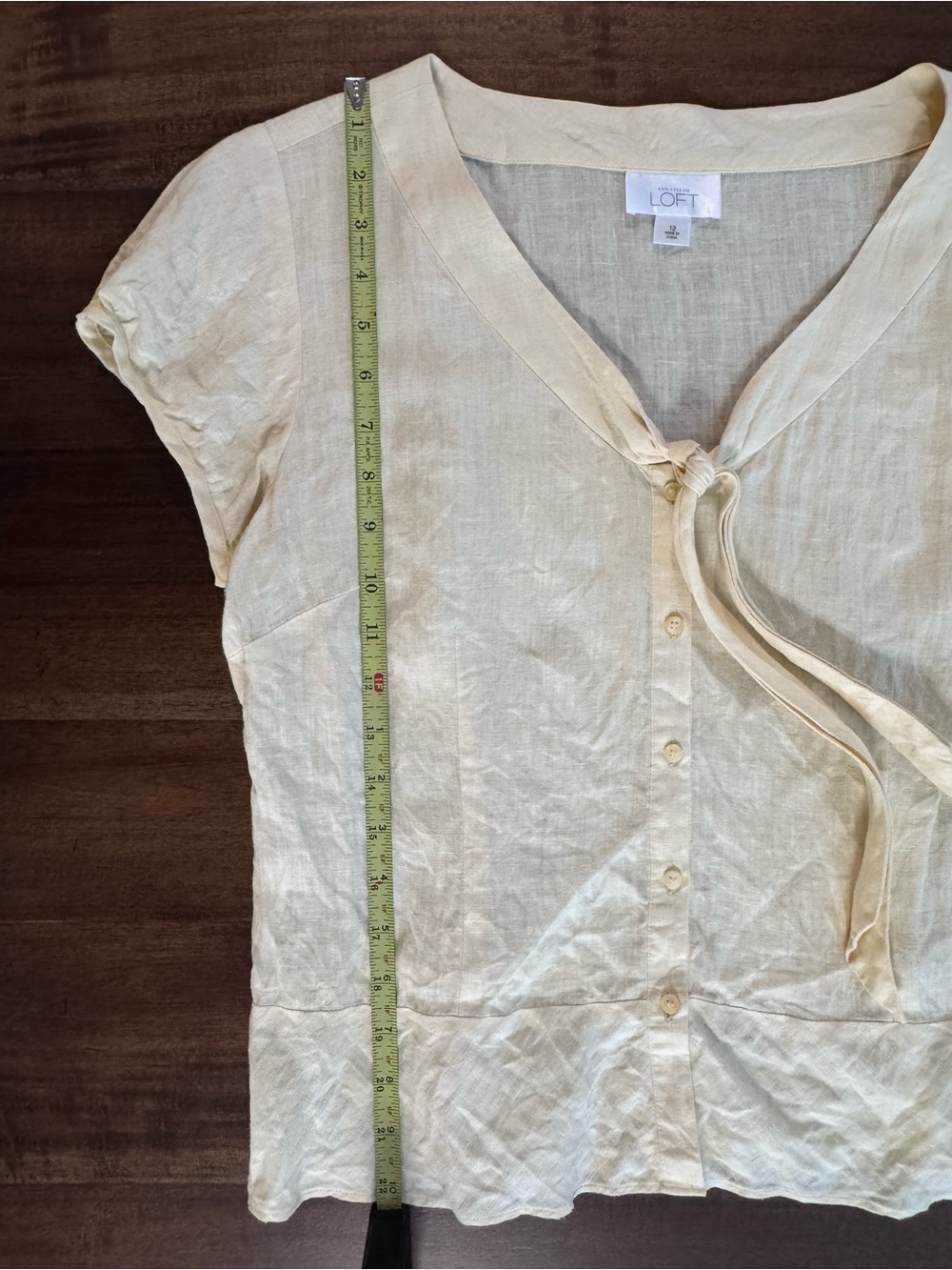 LOFT Pale Yellow Tie-Neck Short Sleeve Blouse - Picture 7 of 9